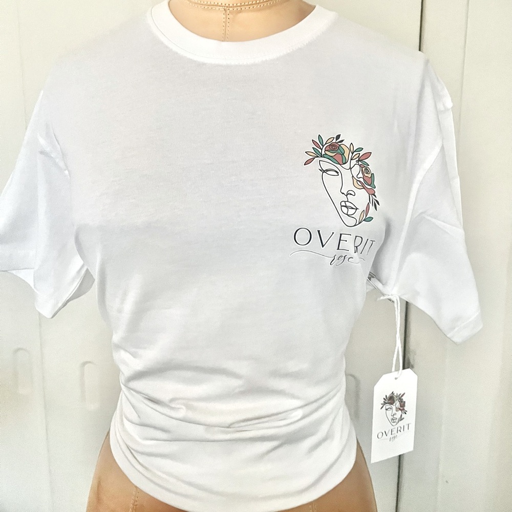 Overitrose premium white cotton t-shirts, our unique logo embodies creativity.